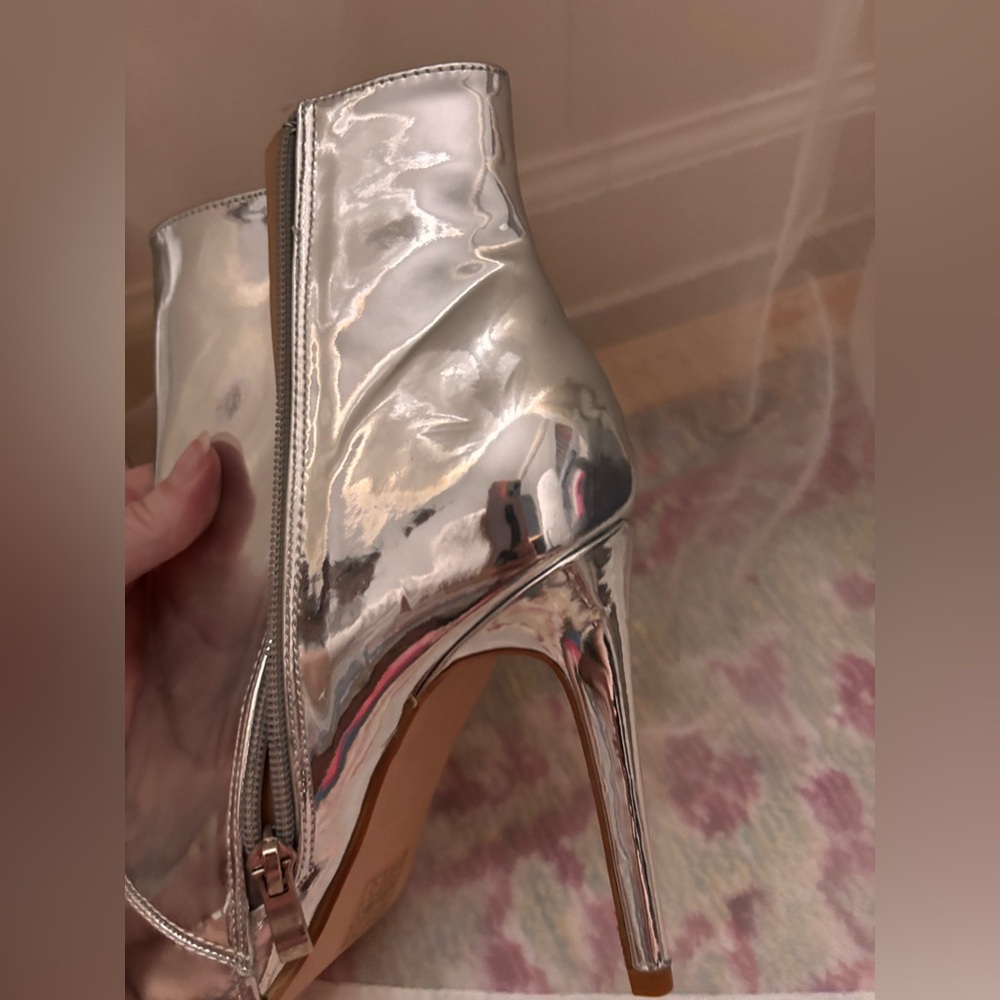 Metallic Silver Women's Ankle Boots - High Heel Zip Booties - Picture 12 of 15